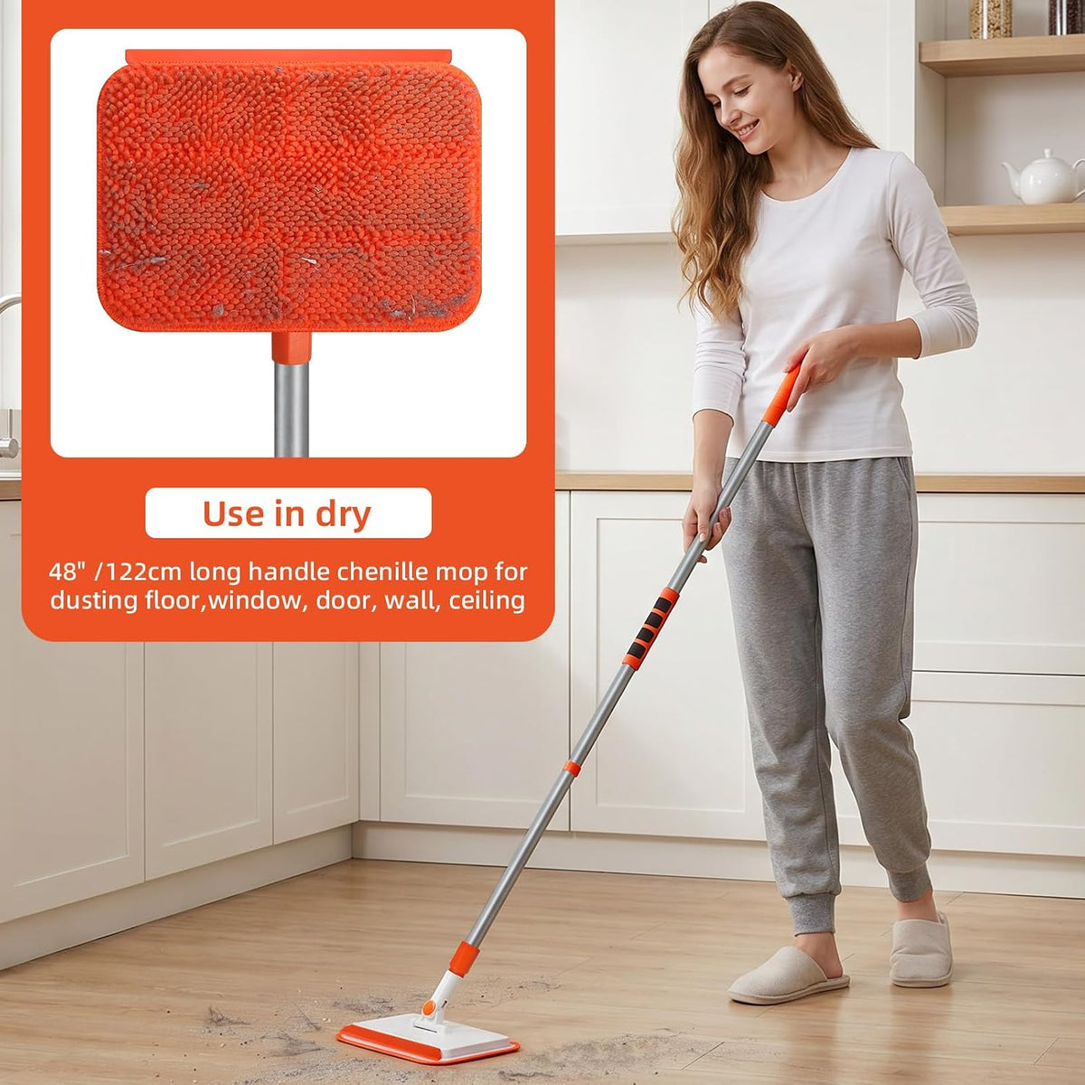 Qaestfy Wall & Baseboard Cleaner Mop Tool with 49'' Long Handle for Cleaning Window Floor Skirting Board Ceiling Bathtub Tub Tile Scrubber Brush Duster with 4 Reusable Pads