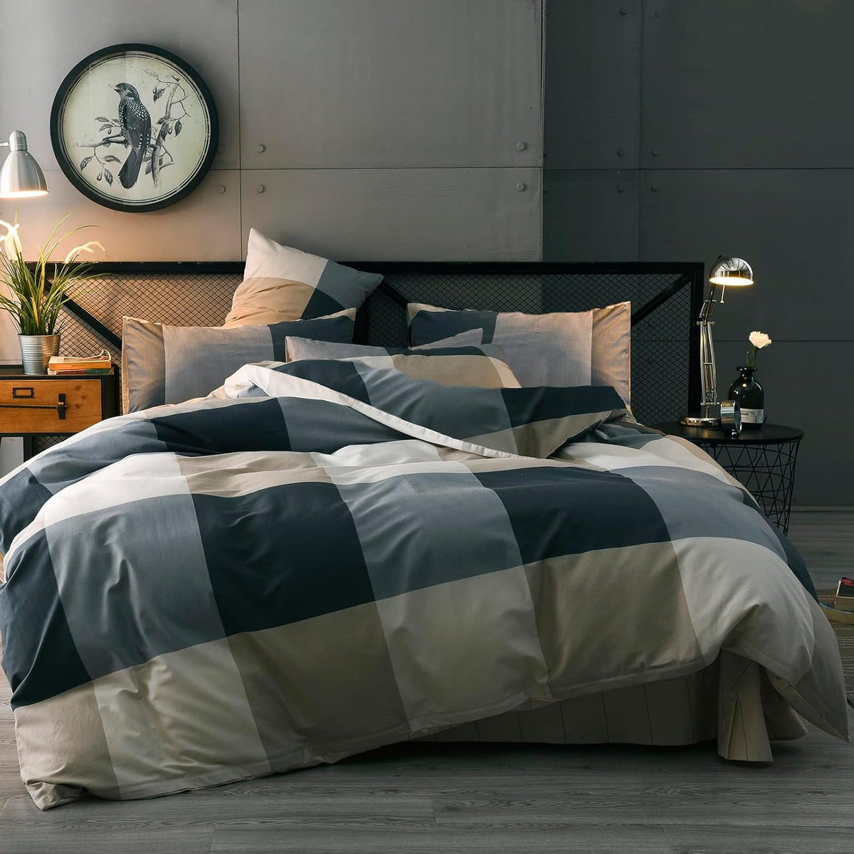 mixinni Full Comforter Set Men Boys Geometric Checkered Plaid Printed Bedding Comforter for All Season Soft Lightweight Bedding Set-Full Size