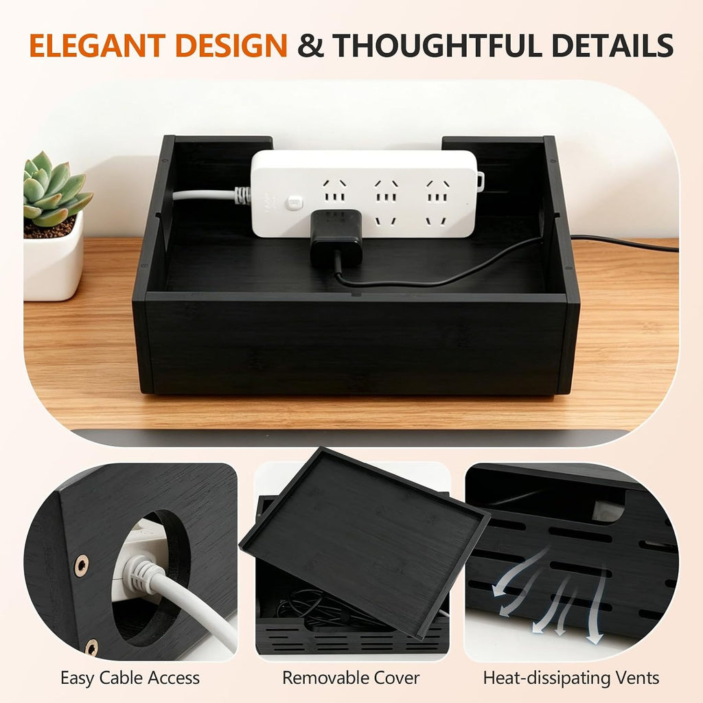 Wooden Cable Management Box - A Stylish Cable Storage Box, Suitable for Power sockets, USB Hiding, TV Cables, Desktop and Floor Cables - a Large Cable Storage Box for Management