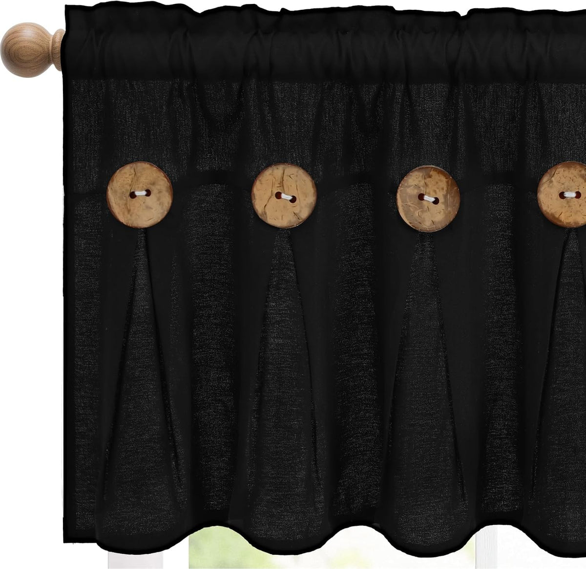 FRAMICS Farmhouse Valance Curtains, Boho Cotton Linen Kitchen Valance, Black Rustic Button Window Valances for Kitchen Bathroom, Rod Pocket Valances for Windows, Black, 52 x 18 Inch