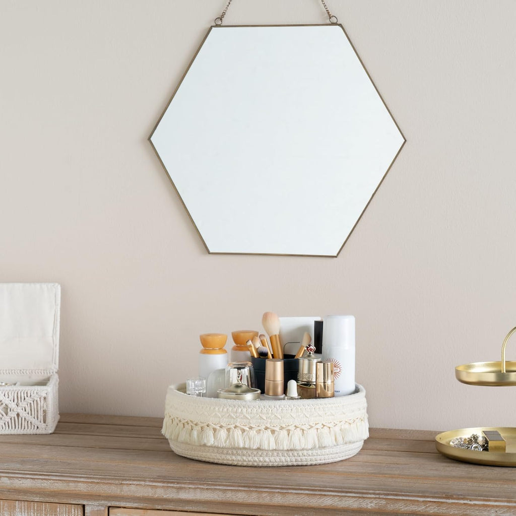 Mkono Makeup Perfume Organizer, Boho Decor Macrame Storage Basket, Ivory