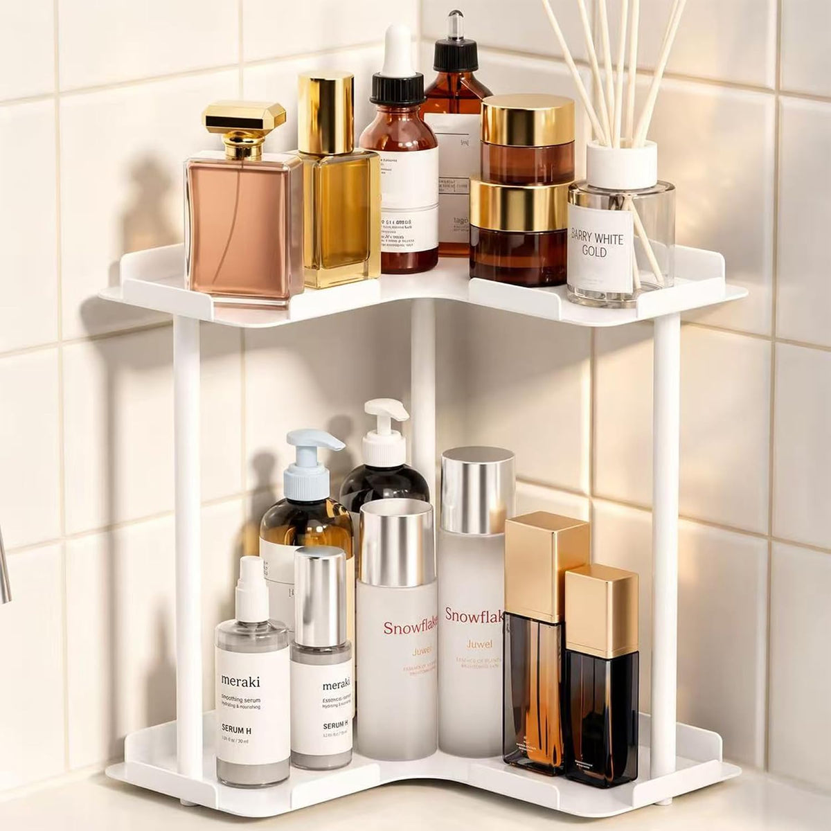 2 Tier Corner Bathroom Counter Organizer Storage Shelf, Black
