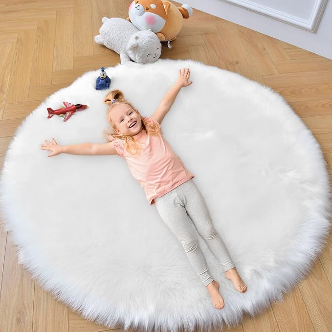 duduta White Faux Sheepskin Round Rug 4x4 ft, Fluffy Shag Fur Bedroom Nursery - Image 5