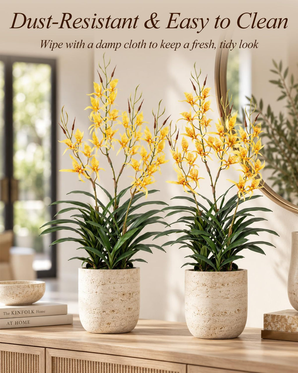 Potted Fake Orchid, Bright Yellow 29.5" Artificial Dendrobium, Fake Flowers with Matching Orchid Pot for Balcony, Kitchen & Spring Table Arrangement, Set of 1