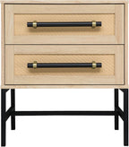 Sophia 2-Drawer Nightstand in Natural Oak Look with Rattan Panels and Minimalist Black Metal Frame- Perfect Bedroom Storage for Small Spaces, Large Suites, or Living Rooms