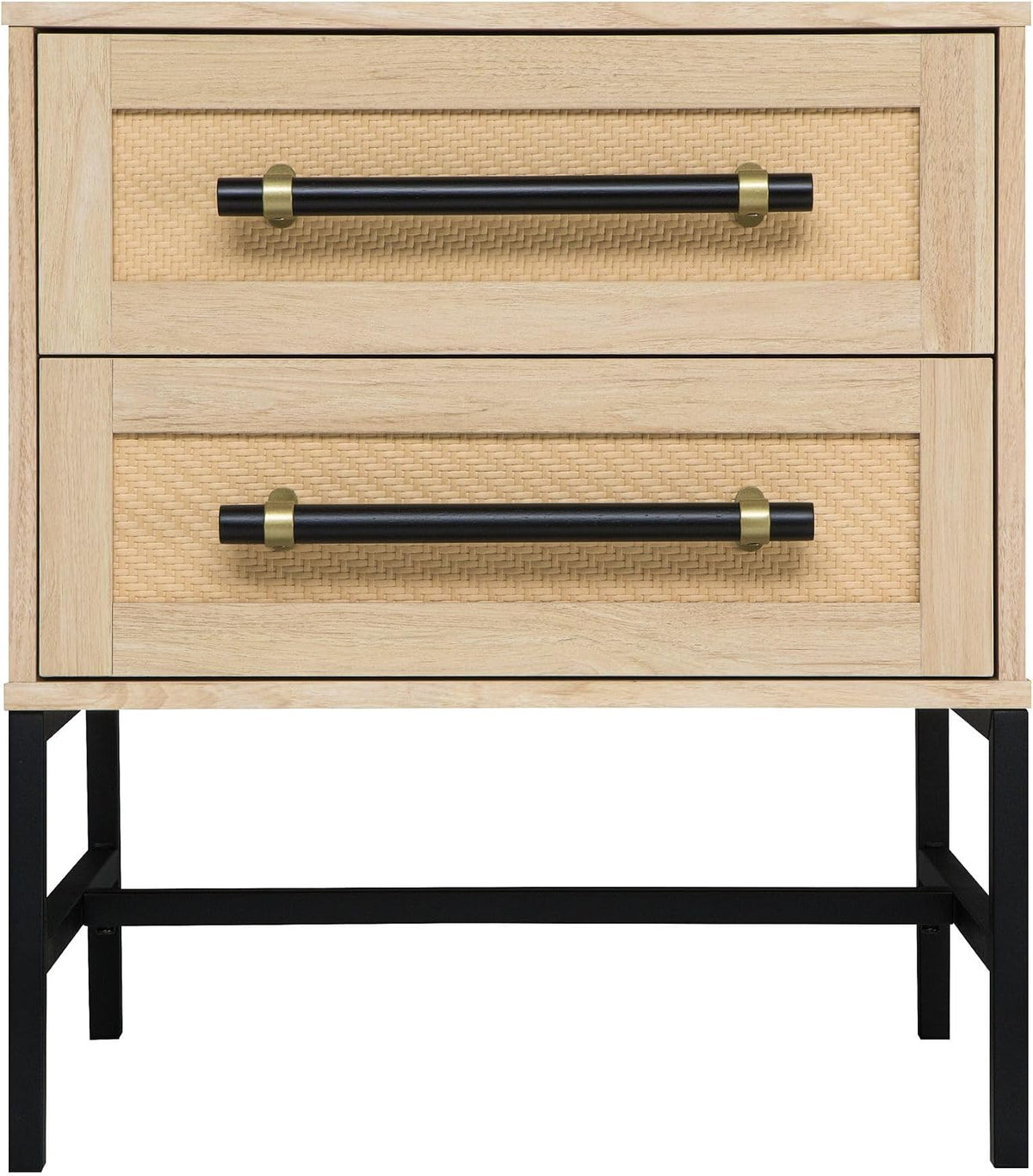 Sophia 2-Drawer Nightstand in Natural Oak Look with Rattan Panels and Minimalist Black Metal Frame- Perfect Bedroom Storage for Small Spaces, Large Suites, or Living Rooms