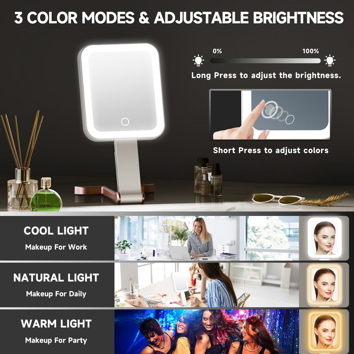 Mocado Travel Makeup Mirror with Light, 1x/10x Magnifying Mirror With Light, 3 Colors Lighted Magnifying Mirror, 2000mAh Rechargeable Lighted Makeup Mirror, Dimmable Touch, Memory Function (Rose Gold)