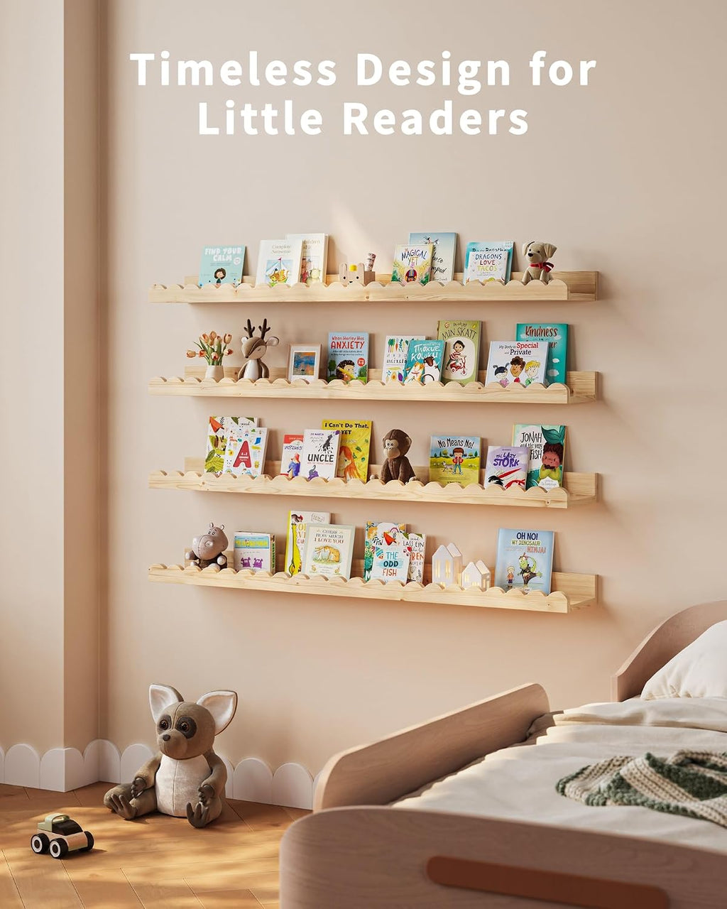 Shario Nursery Book Shelves, 4-Pack Wood Floating Shelves for Wall Kids, Scalloped Shelves, Wall Book Shelves for Bedroom Kids, Toddler Room, Baby Room, Nursery Decor(Wood, 36 Inches)