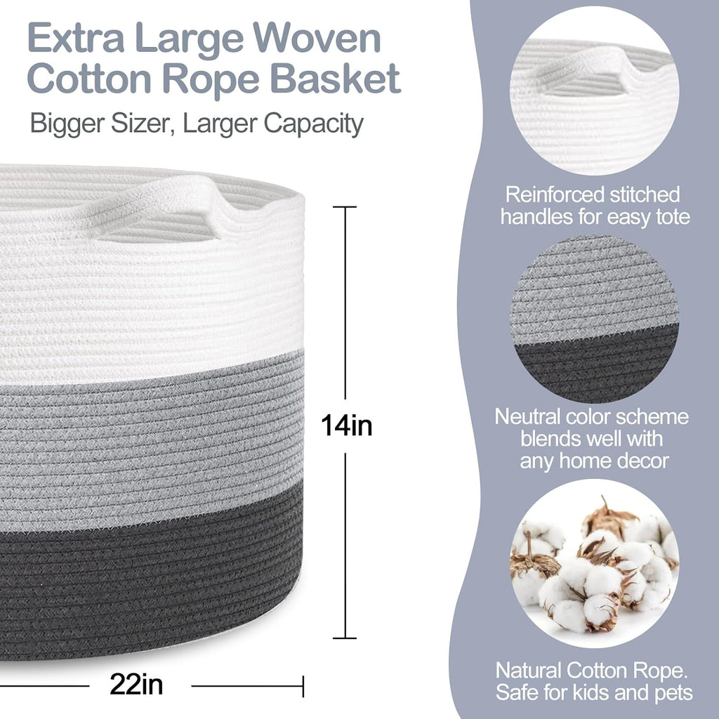 Extra Large Cotton Rope Basket, 22” X 22” X 14” Blanket Storage for Living Room, Soft Kids Dog Toy Bin Box, Woven Round Baskets for Organizing, Big XXL Blanket Pillow Holder Organizer
