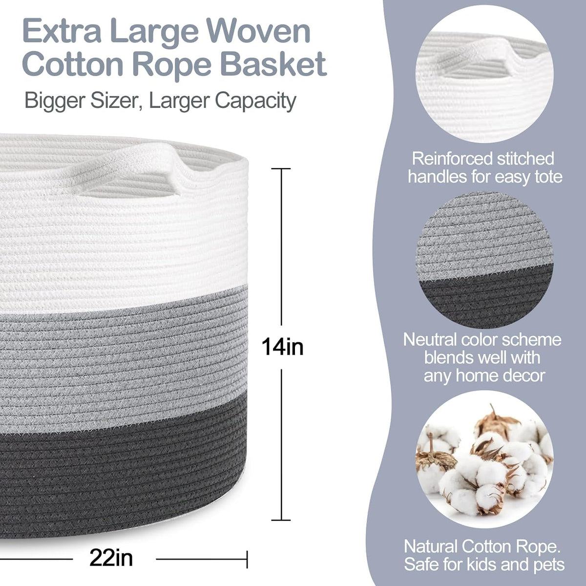 Extra Large Cotton Rope Basket, 22” X 22” X 14” Blanket Storage for Living Room, Soft Kids Dog Toy Bin Box, Woven Round Baskets for Organizing, Big XXL Blanket Pillow Holder Organizer