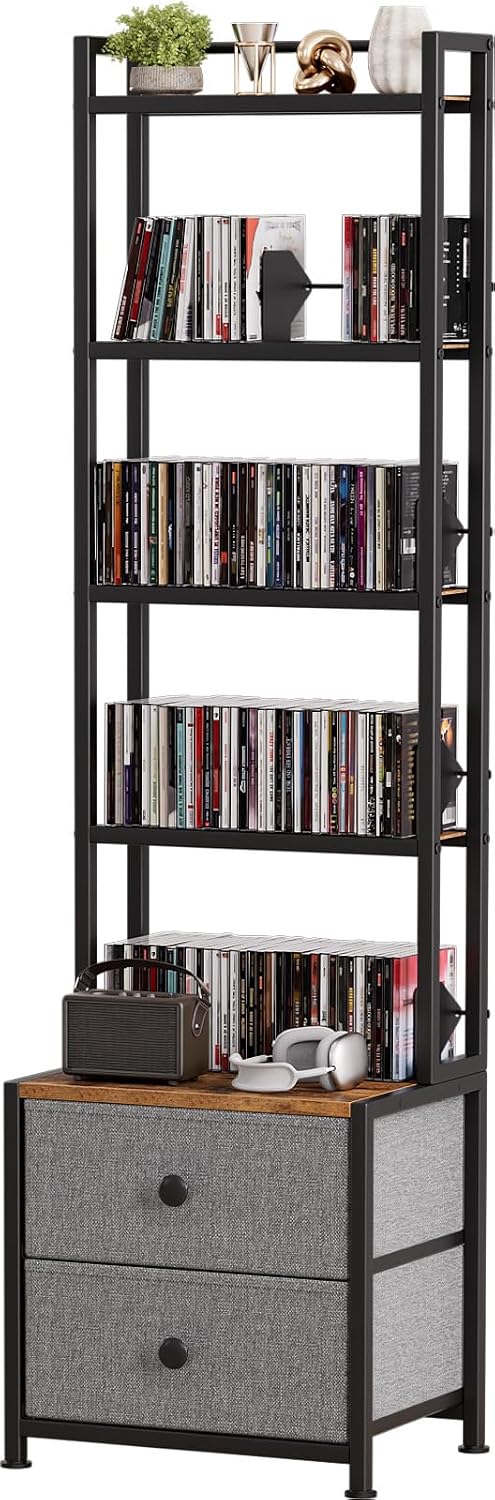 CD Storage Rack with Drawer, 5-Tier Media Storage Shelf