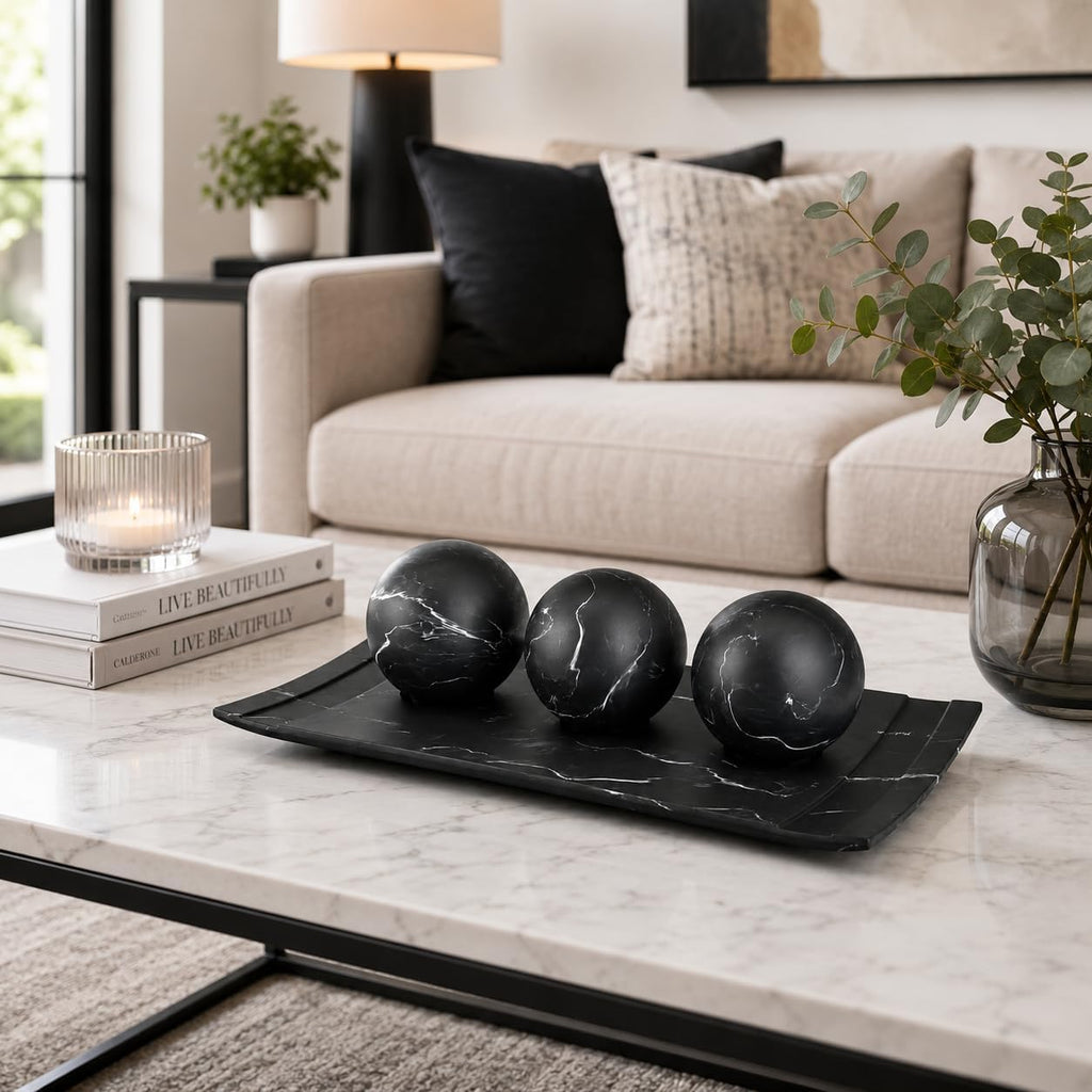 Creative Scents Black Marble Look Home Decor Bowl and Orb Set - Coffee Table Decor for Living Room - Centerpiece Table Decorations for Dining Table, Kitchen Counter, Foyer - Elegant House Decoration
