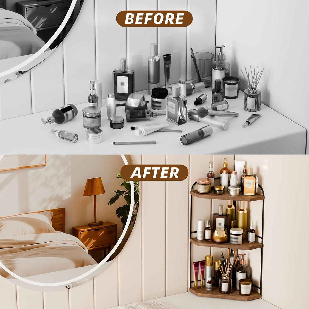 Corner Bathroom Counter Organizer, 3-Tier Wood Countertop Organizer
