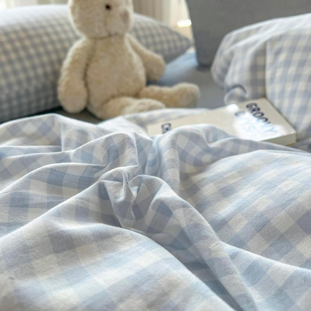 mixinni Gingham Comforter Set Full Size - 3 Piece Light Blue Plaid Farmhouse Bedding, Soft Washed Cotton All-Season Comforter & Pillow Shams, Grid Pattern Classic Style for Boys Girls