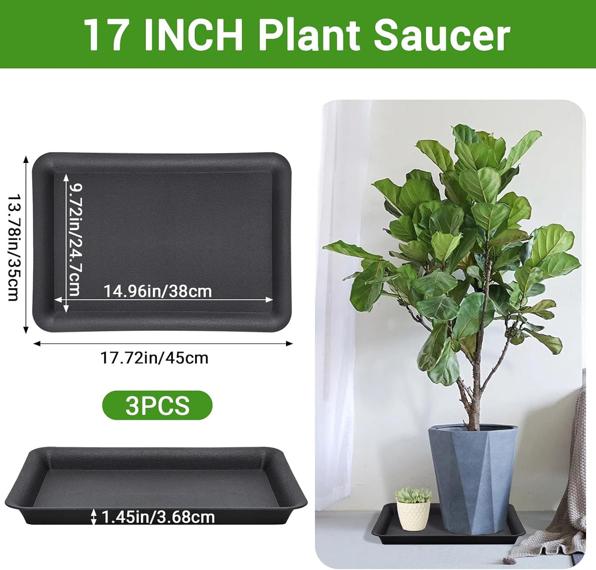 Greaner Black Plastic Plant Saucer, 17 Inch Trays for Plants, Flower Pot No Holes Plant Drip Trays, Heavy Duty Plastic Plant Saucers for Indoors Outdoors