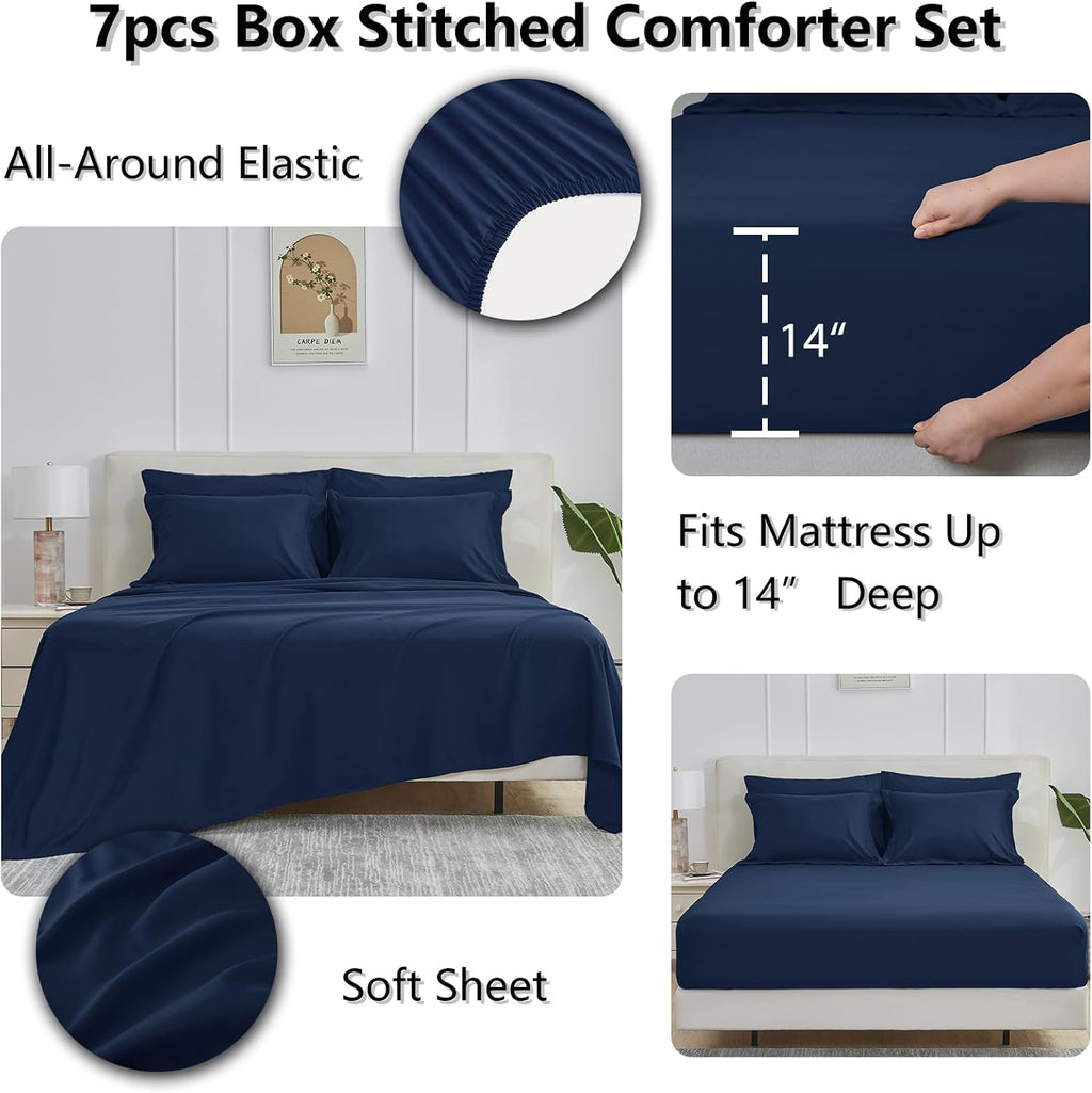 CozyLux Full Size Comforter Sets, 7-Piece Bed in a Bag, Navy Blue
