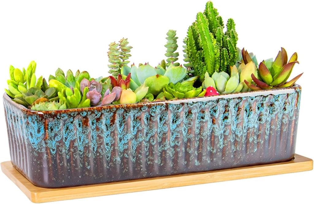 Succulent Pots, 12'' Long Rectangle Planters with Tray, Windowsill Planter