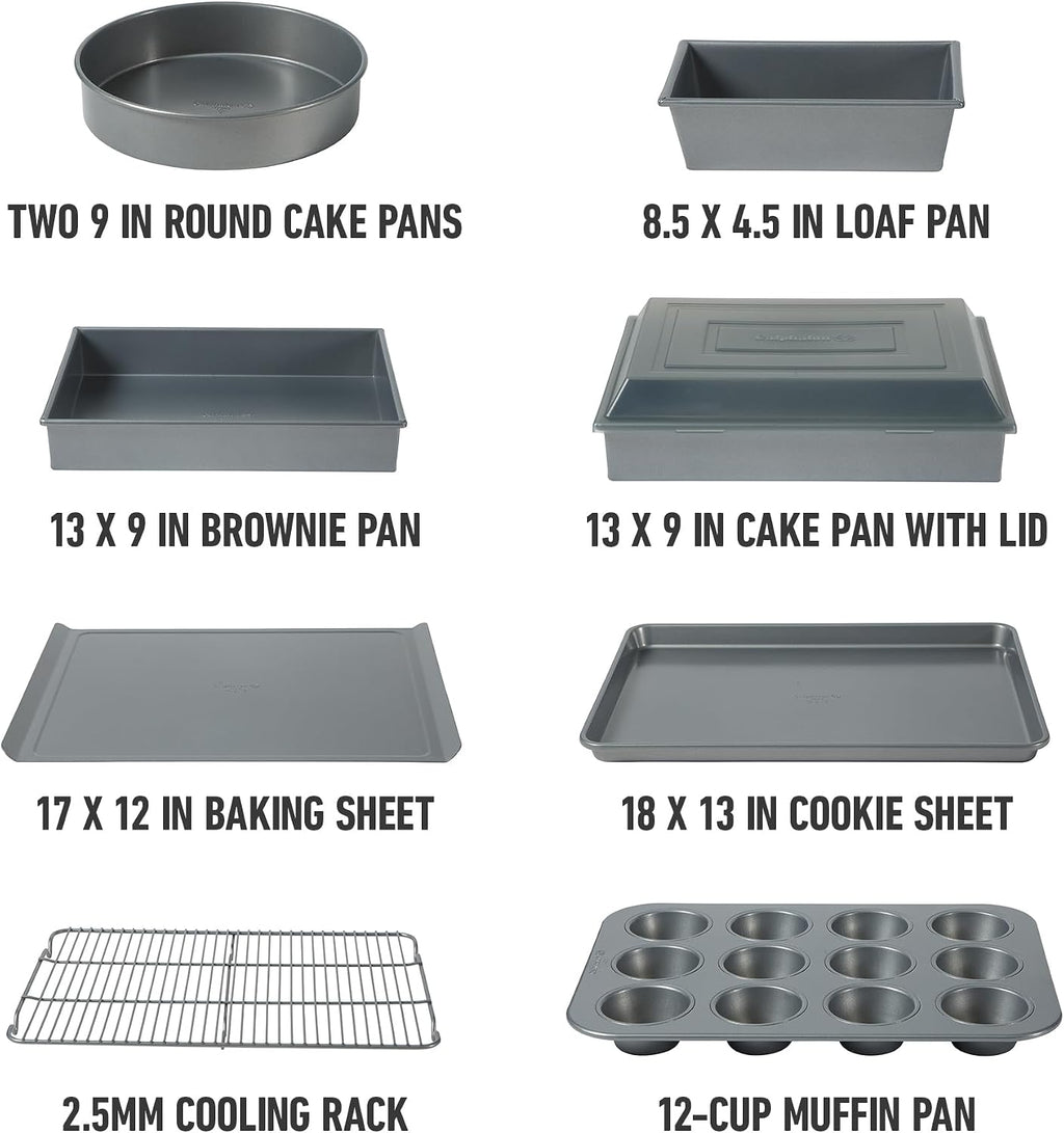 Calphalon Titan 10-Piece Nonstick Bakeware Set, Baking Sheet Set, Steel Core PFA-Free Nonstick Coating, Oven Safe, Includes Sheet Pans, Muffin Pan, Round Cake Pans, Loaf Pan and Cooling Rack - Silver