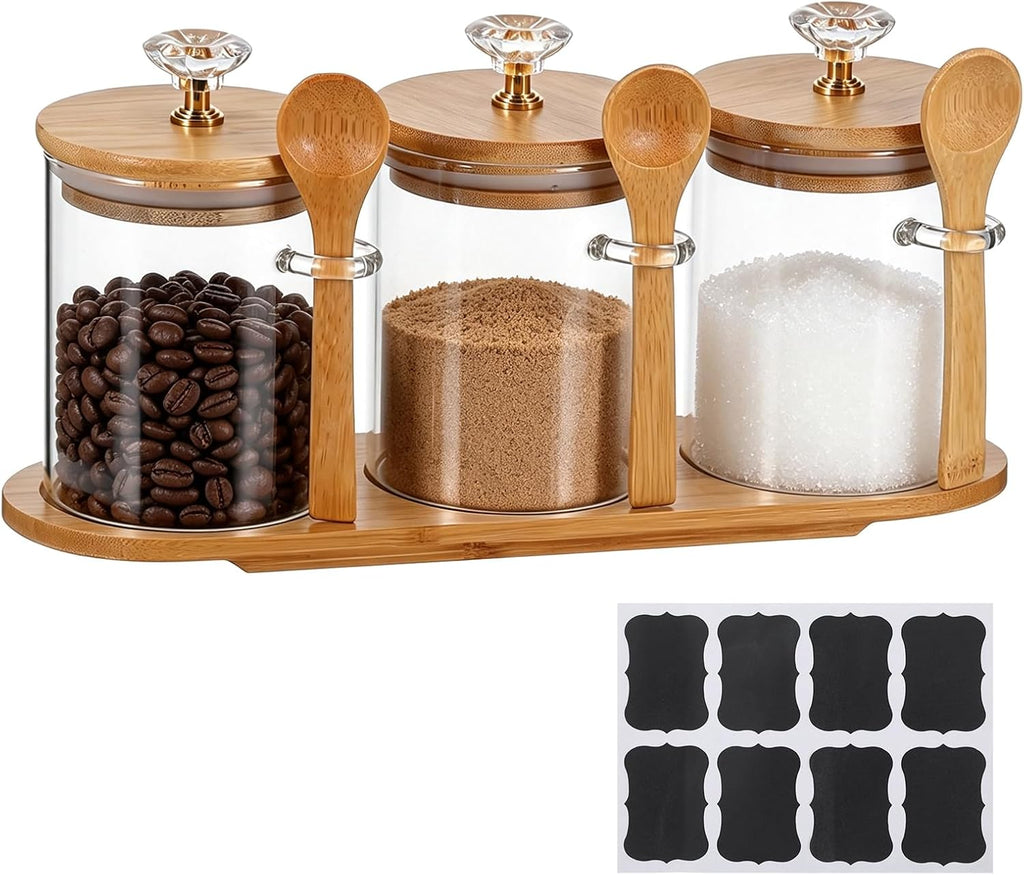 3 Pcs Glass Coffee Container with Lids Spoons Spice Jar Labels Tray