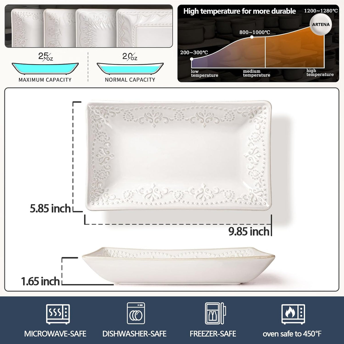 Artena Embossed Rectangular Ceramic Serving Platters Set of 4, 9.85" White