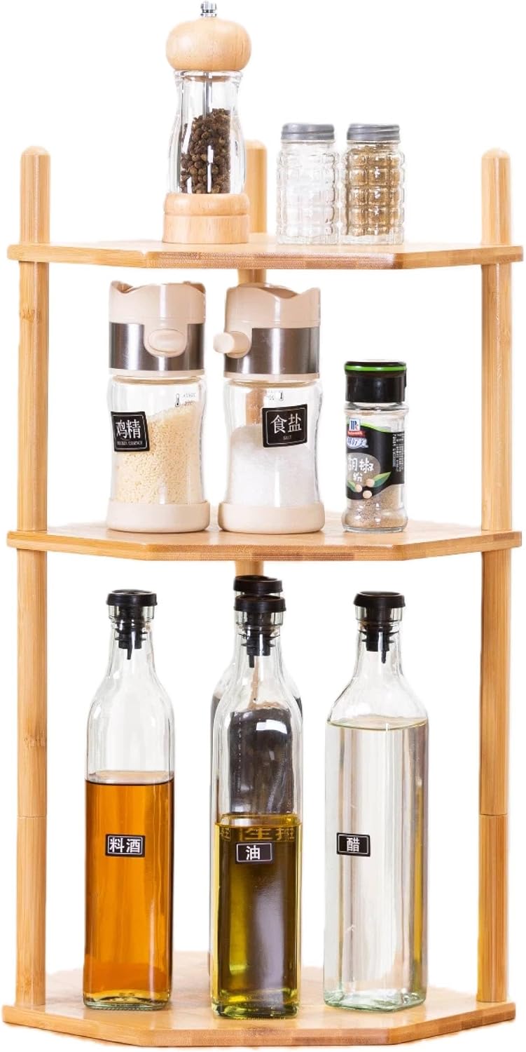 3-Tier Extra Tall Bamboo Corner Shelf, Countertop Storage Organizer,Natural