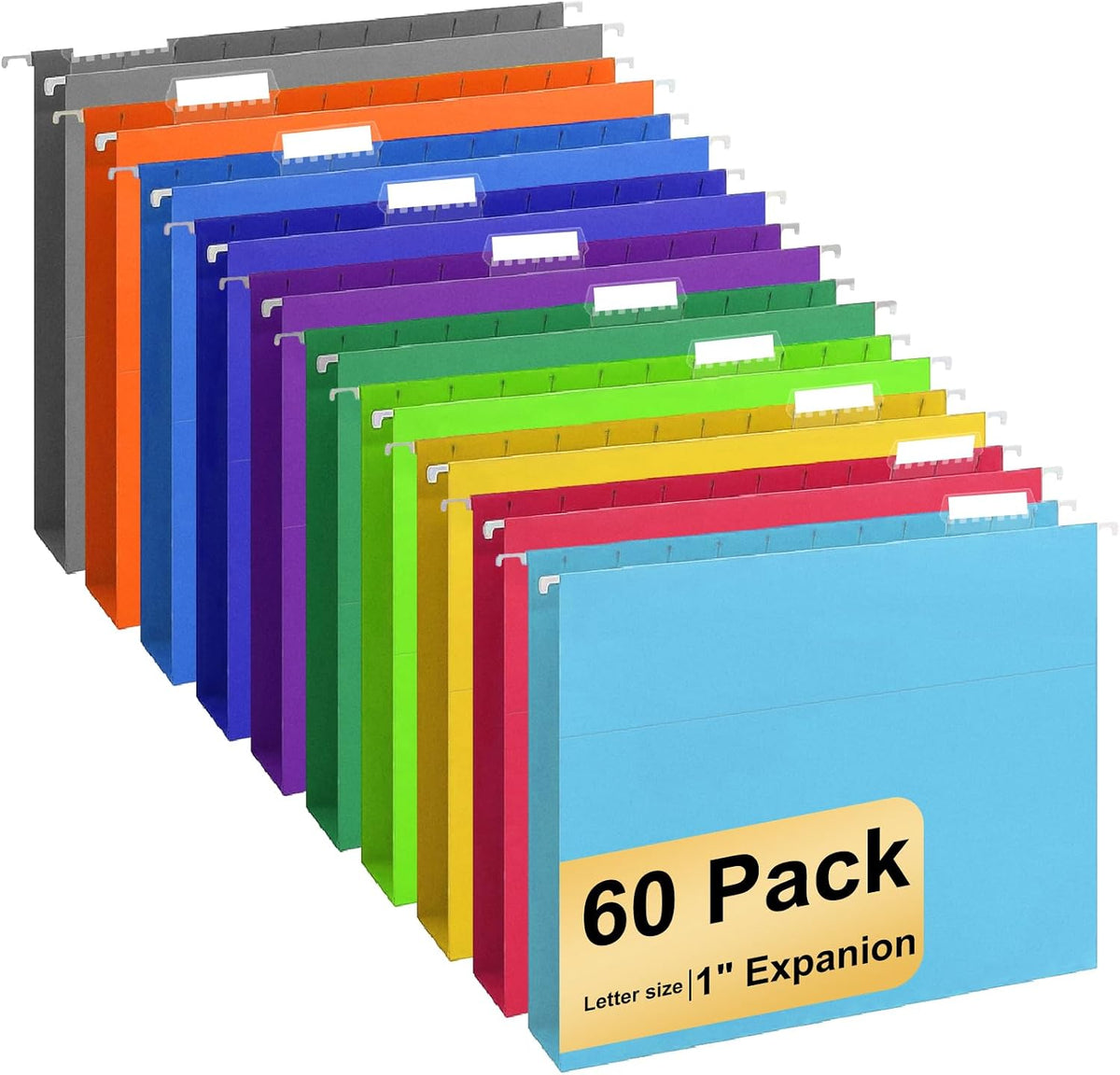 Hanging File Folders, 60 Pack Letter Size Hanging File folders with 1/5-cut Tabs, Stay Organized for Your Home and Office Bulk File, Documents and Paper, 10 Colors