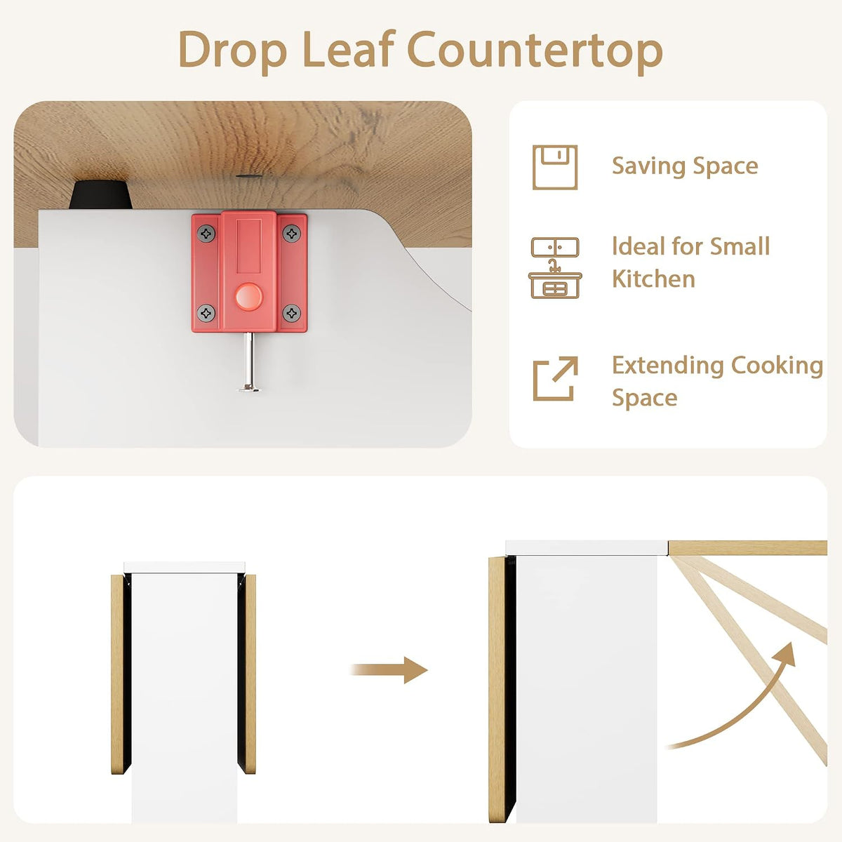 Space Saving Folding Dining Table with Drop Leaf 2 Storage Racks & 6 Wheels Extendable, Collapsible Table for Kitchen, Office, or Dining Room Light Wood Grain Flap + White Cabinet,