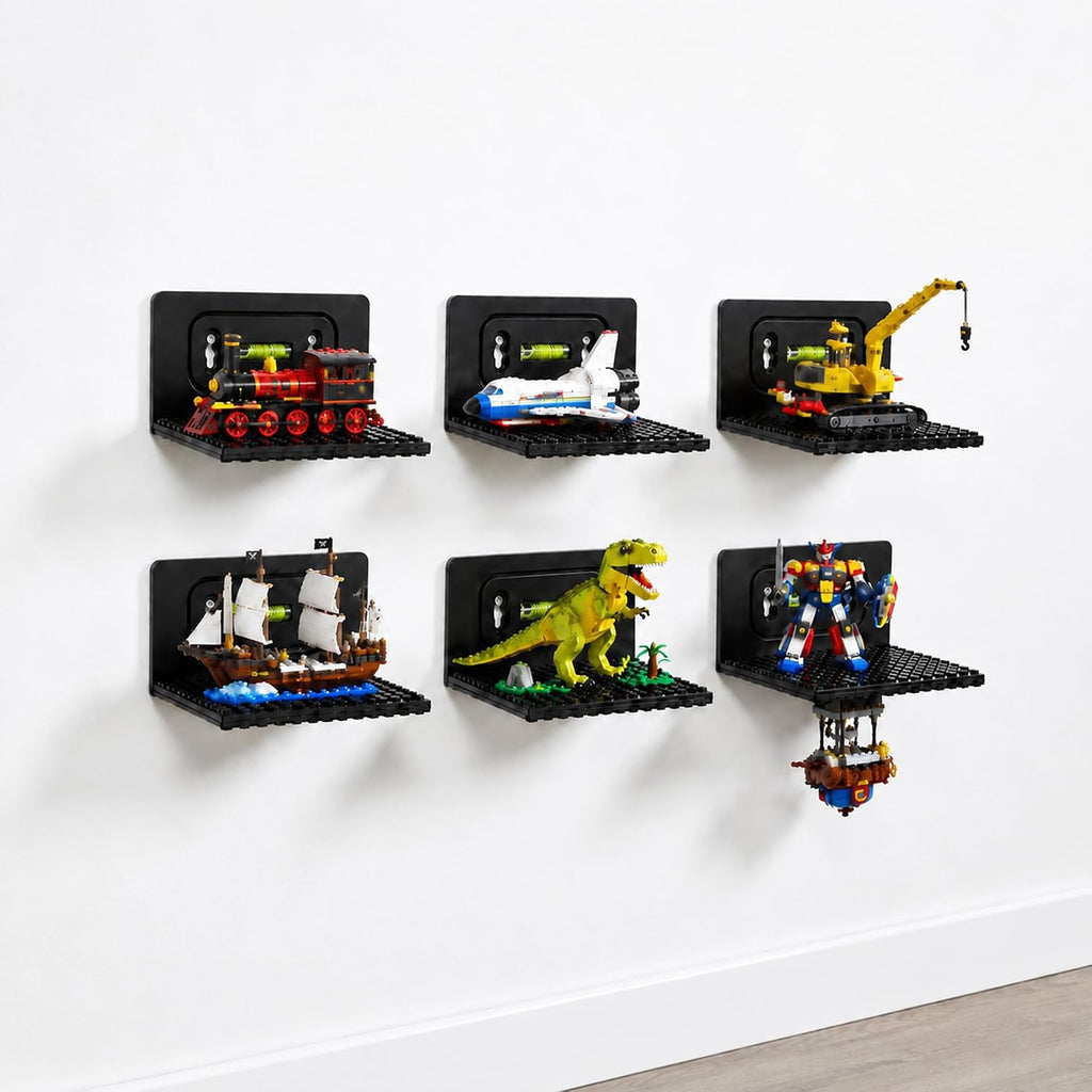 12 PCS Building Blocks Display Shelf Wall Mounted with Built-in Bubble Level, Floating Model Display Stand for Minifigures & Brick Sets, Wall Shelf Organizer for Room Decor & Storage