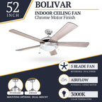 Prominence Home Bolivar, 52 Inch Modern LED Ceiling Fan with Light, Pull Chain, Dual Mounting Options, Dual Finish Blades, Reversible Motor - 80100-01 (Chrome)