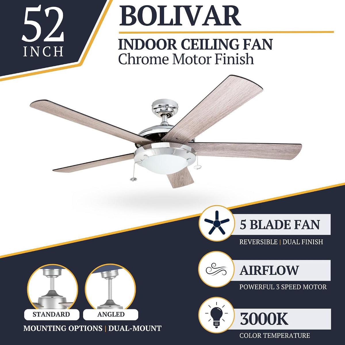 Prominence Home Bolivar, 52 Inch Modern LED Ceiling Fan with Light, Pull Chain, Dual Mounting Options, Dual Finish Blades, Reversible Motor - 80100-01 (Chrome)