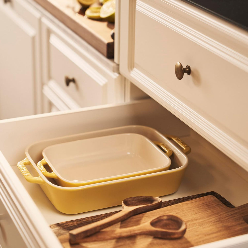 STAUB Ceramic Rectangular Baking Dish Set, Casserole Dish, 2-Piece, Citron