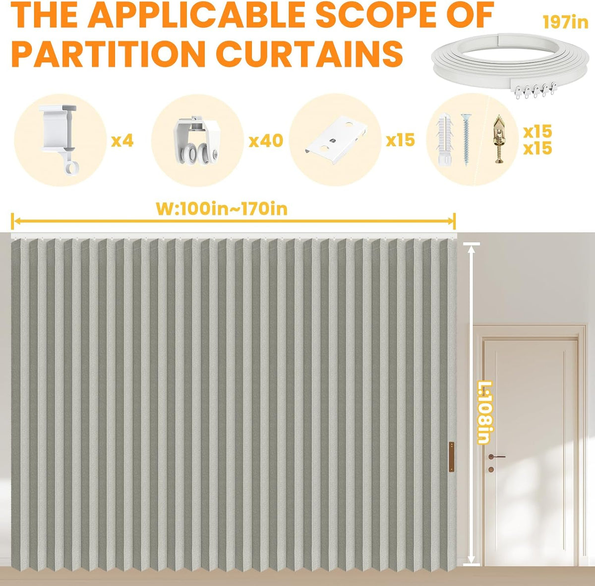 Room Divider Curtain Sets with Flexible Ceiling Track, Privacy Soundproof Curtain for Bedroom Office Patio Sliding Door(Grey, W180 x L108, 1 Pack)