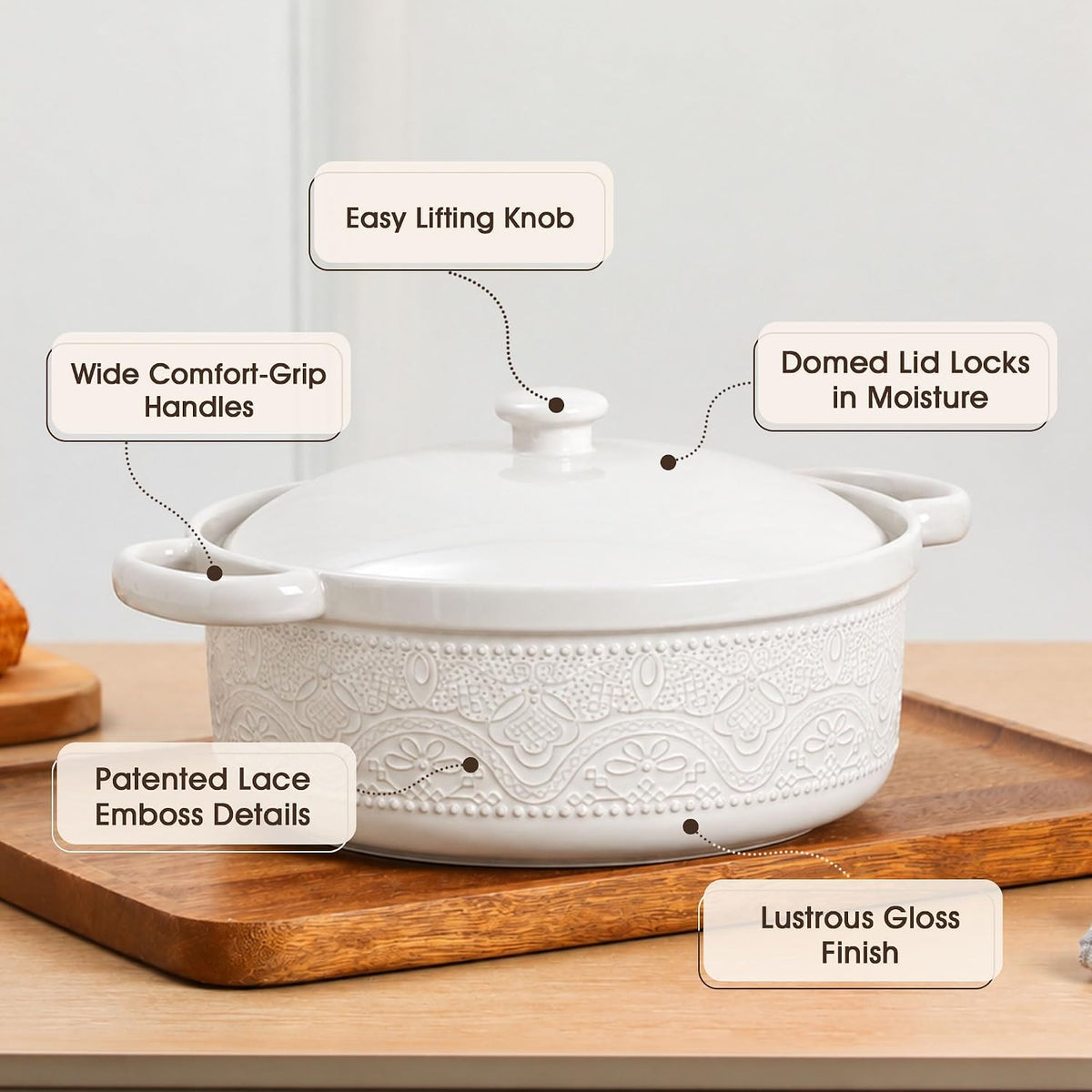 FE Casserole Dish with Lid, 2 Quart Ceramic Baking Dish, Bright White