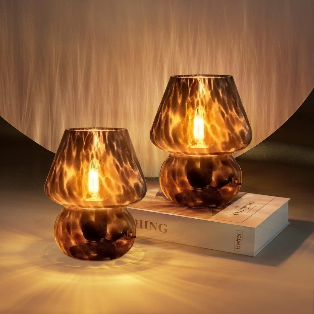 ONEWISH Mushroom Lamp Small Vintage Table Lamp for Bedroom Nightstand, Bedside Lamp Translucent Glass Stepless Dimmable, Murano Aesthetic Home Decor for Living Room Kitchen(Black)