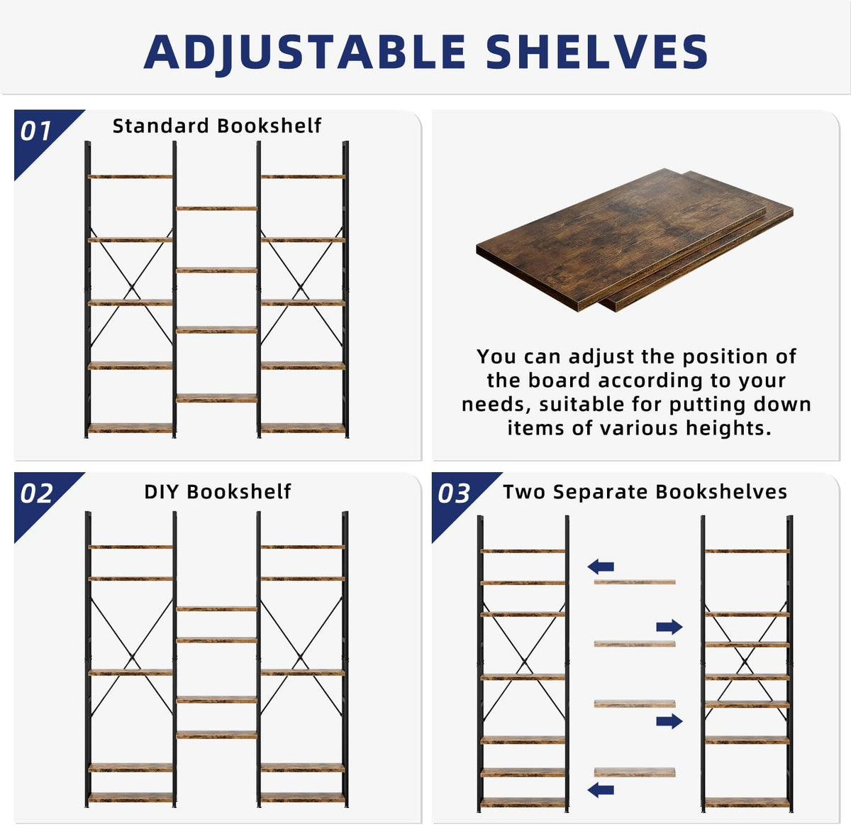 NUMENN Triple Column 5 Tier Bookshelf with 14 Adjustable Shelves, Vintage