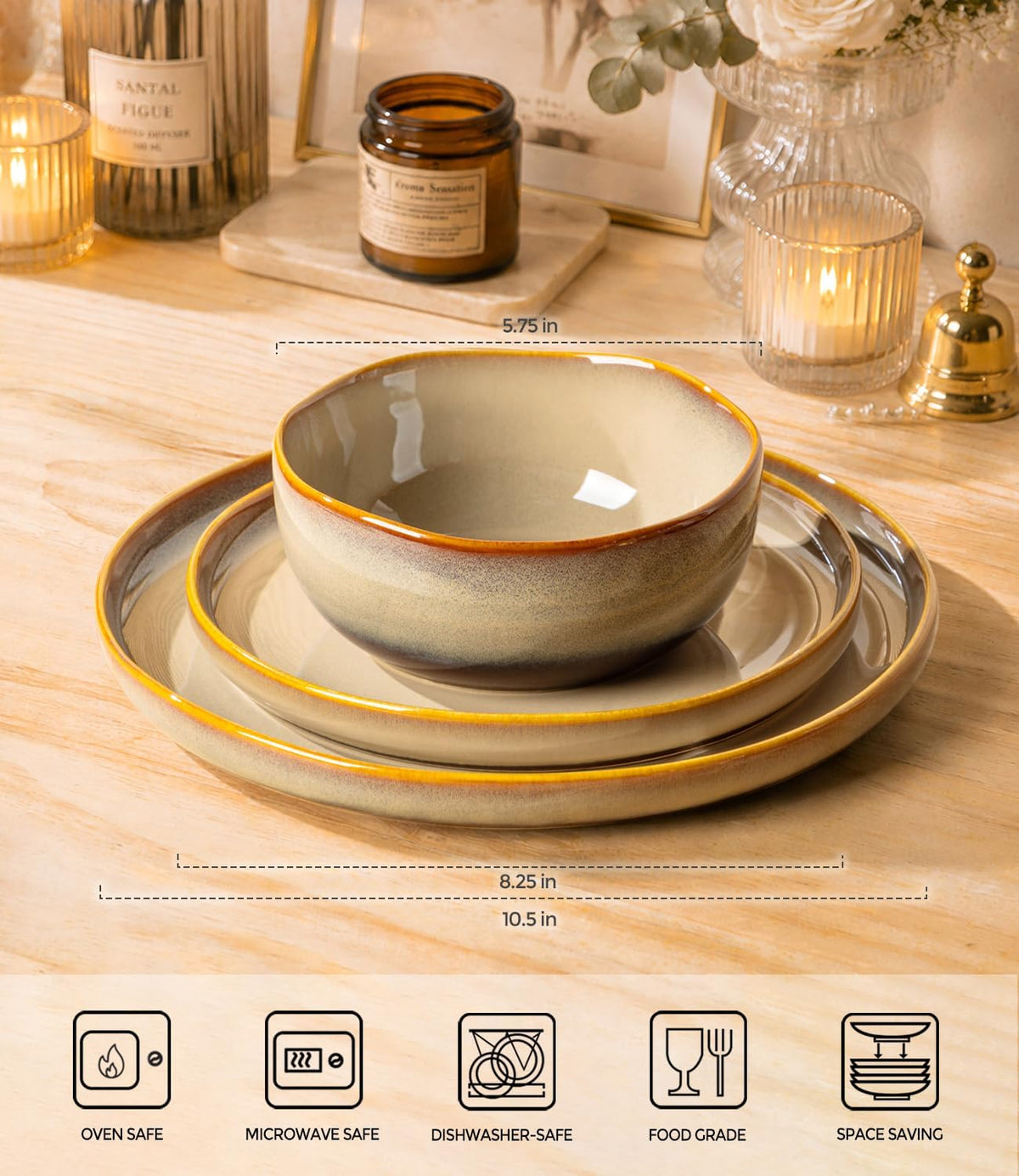 Ceramic Dinnerware Set for 4, 12-Piece Plates and Bowls Set