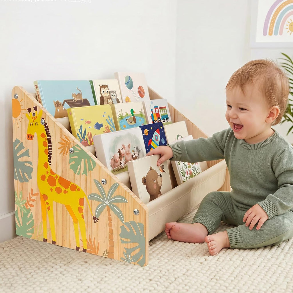 Toddler Bookshelf 4 Tier Solid Wood Montessori Nursery Book Organizer Kids