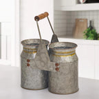 Set of 2 Rustic Galvanized Utensil Holders with Handles, Farmhouse Kitchen Crocks for Spoons, Forks & Knives, Countertop Organizer Buckets for Rustic Farmhouse Decor, 8"x4"x6.75"