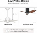 25 Inch Small Ceiling Fan No Light, Low Profile, Black Walnut