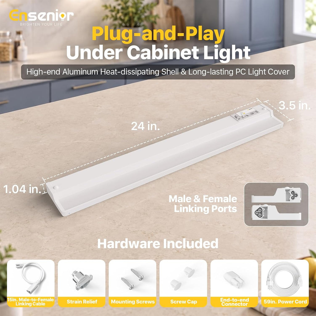 24" Under Cabinet Lighting Fixture for Kitchen, Plug in or Hardwired,2-Pack