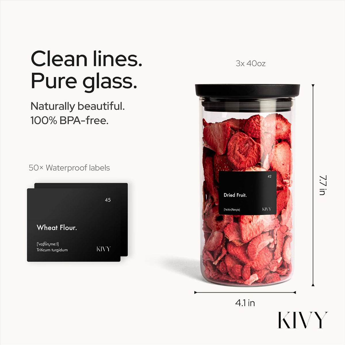 KIVY Airtight Glass Jars with transparent Lids & Labels 3x 40oz - Stackable