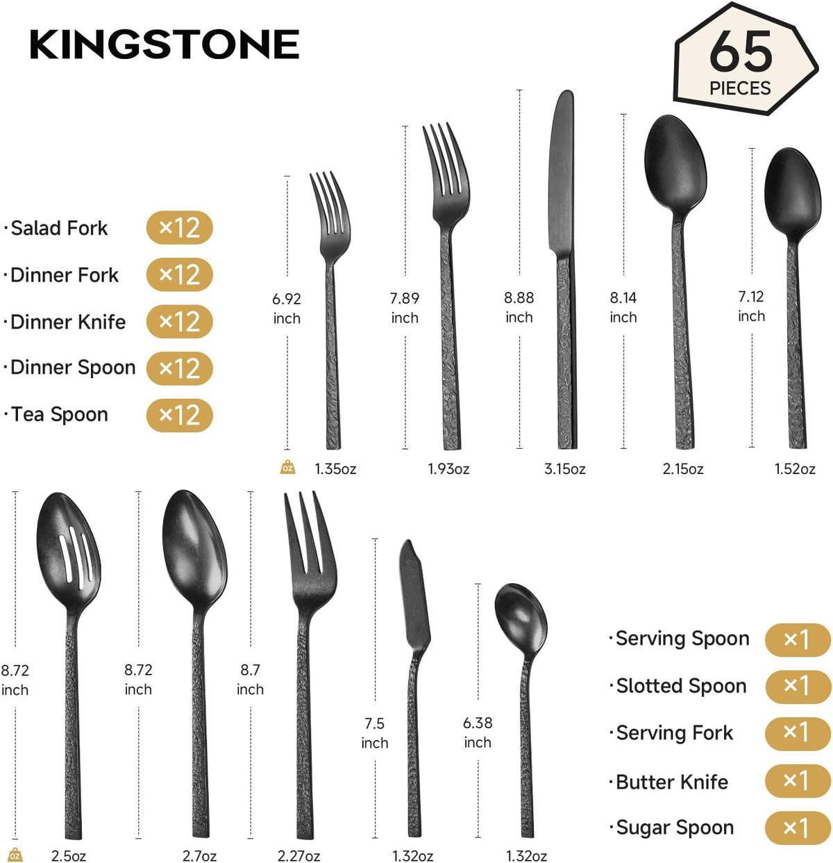 65 Pcs Black Hammered Silverware Set with Serving Utensils for 12
