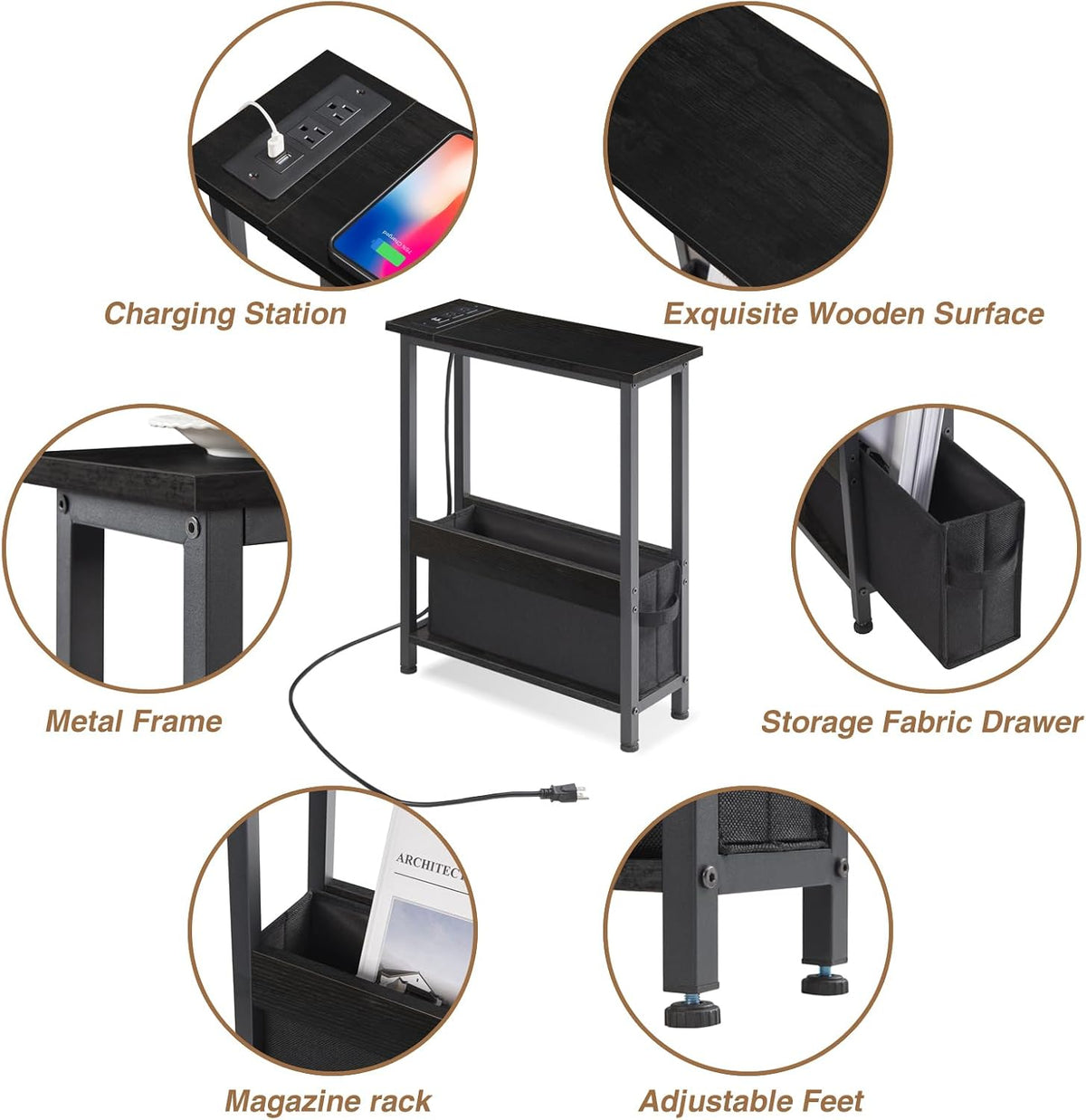 BAMGROW Slim Charging End Table with Storage - for Small Spaces and Bedroom (Black)