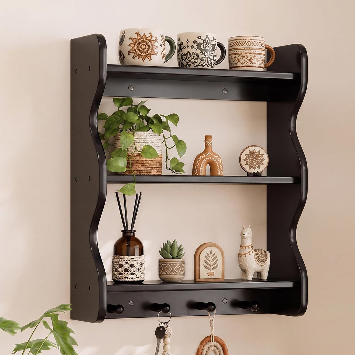 3 Tier Wooden Floating Wall Shelves with Hooks, Rustic Farmhouse Wall Mounted Storage Shelf, Decorative Curved Side Wall Organizer Display Rack for Bedroom, Bathroom, Living Room, Kitchen, Black
