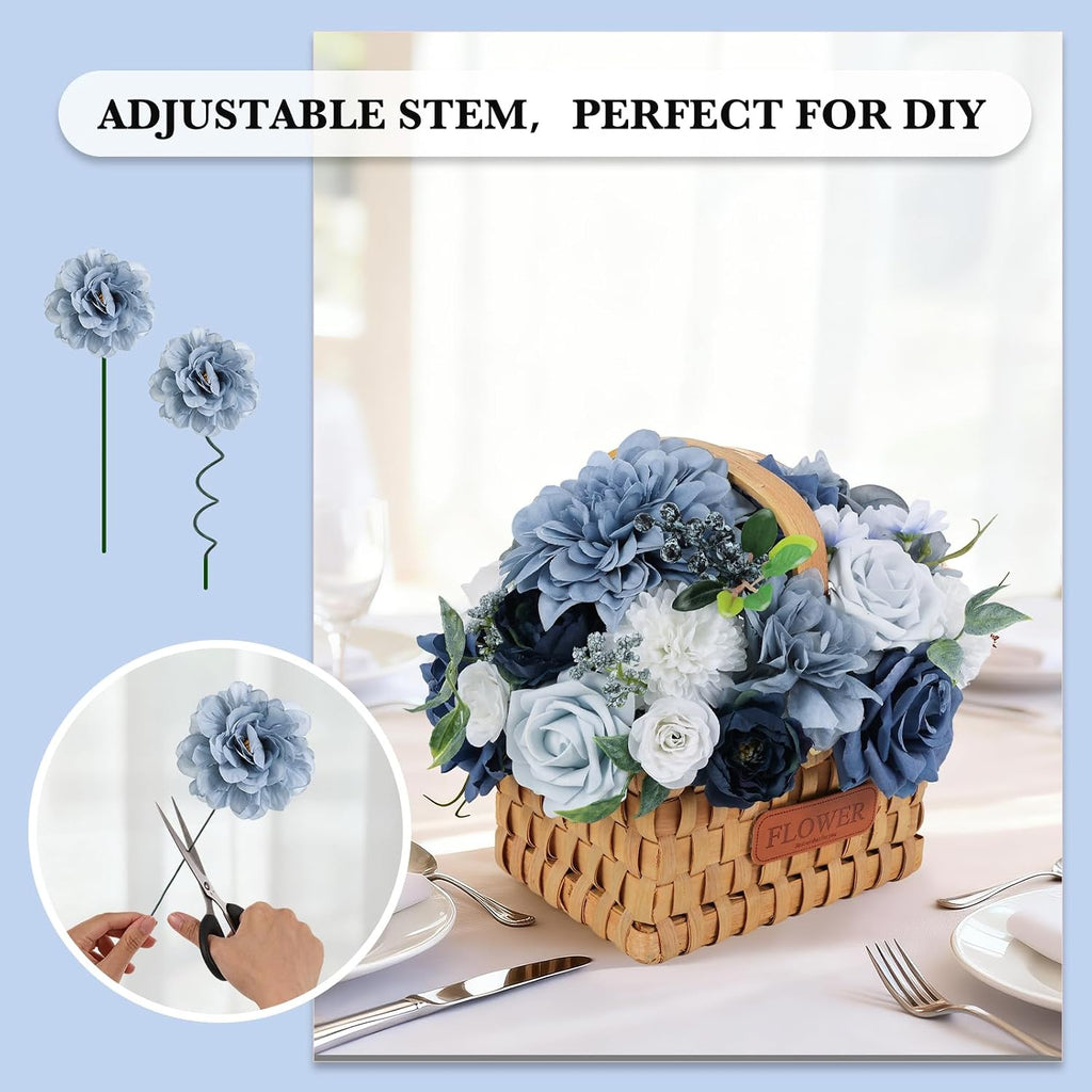 Artificial Flowers Combo Dusty Blue Silk Fake Flower Box Set for Wedding Bridal Roses Bouquets Baby Shower Birthday Party Decorations DIY Floral Centerpieces