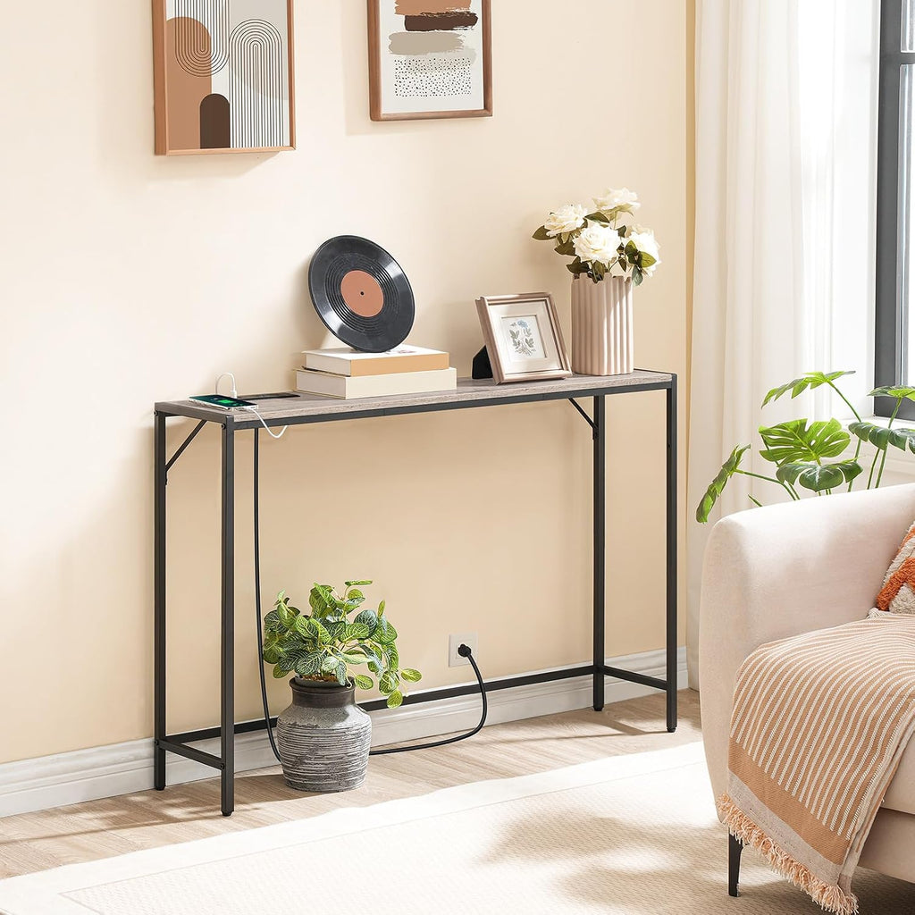 MAHANCRIS Narrow Console Table, 43.7" Sofa Table with Outlets, Greige