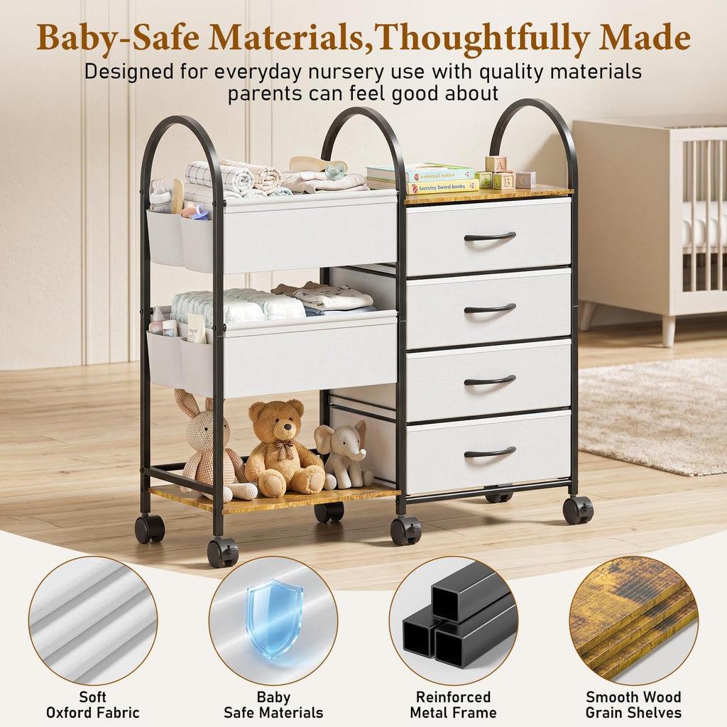 Baby Diaper Caddy Organizer Cart with Wheels, 4-Tier Rolling Diaper Cart with Dividers and Drawers, Multi-Layer Nursery Storage for Diapers & Baby Essentials
