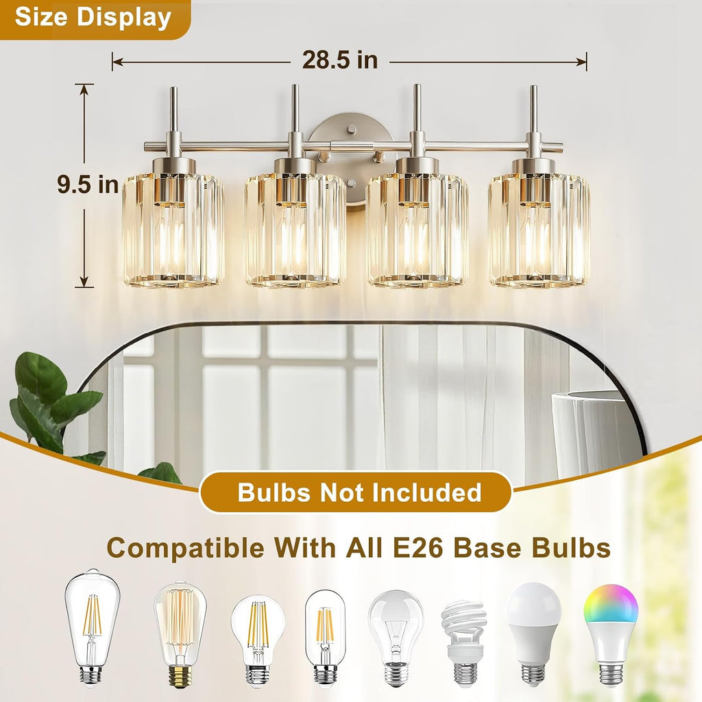 EJIAXIN Crystal Bathroom Vanity Lights, 4 Light Bath Mirror Light Brushed Nickel Round Crystal Wall Mount Light Fixture Over Mirror Morden for Living Room