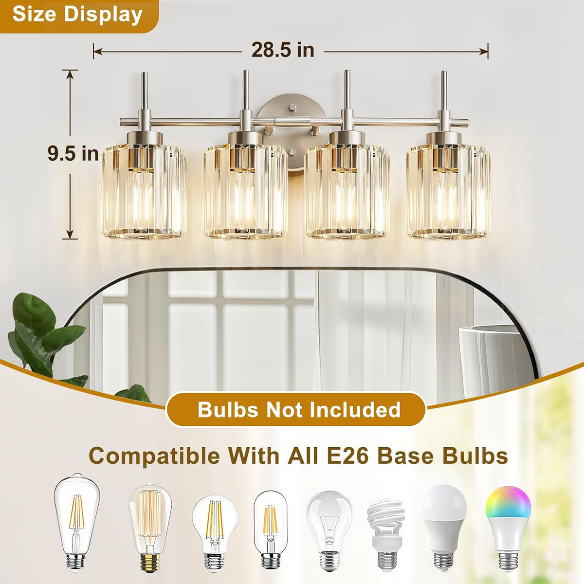 EJIAXIN Crystal Bathroom Vanity Lights, 4 Light Bath Mirror Light Brushed Nickel Round Crystal Wall Mount Light Fixture Over Mirror Morden for Living Room