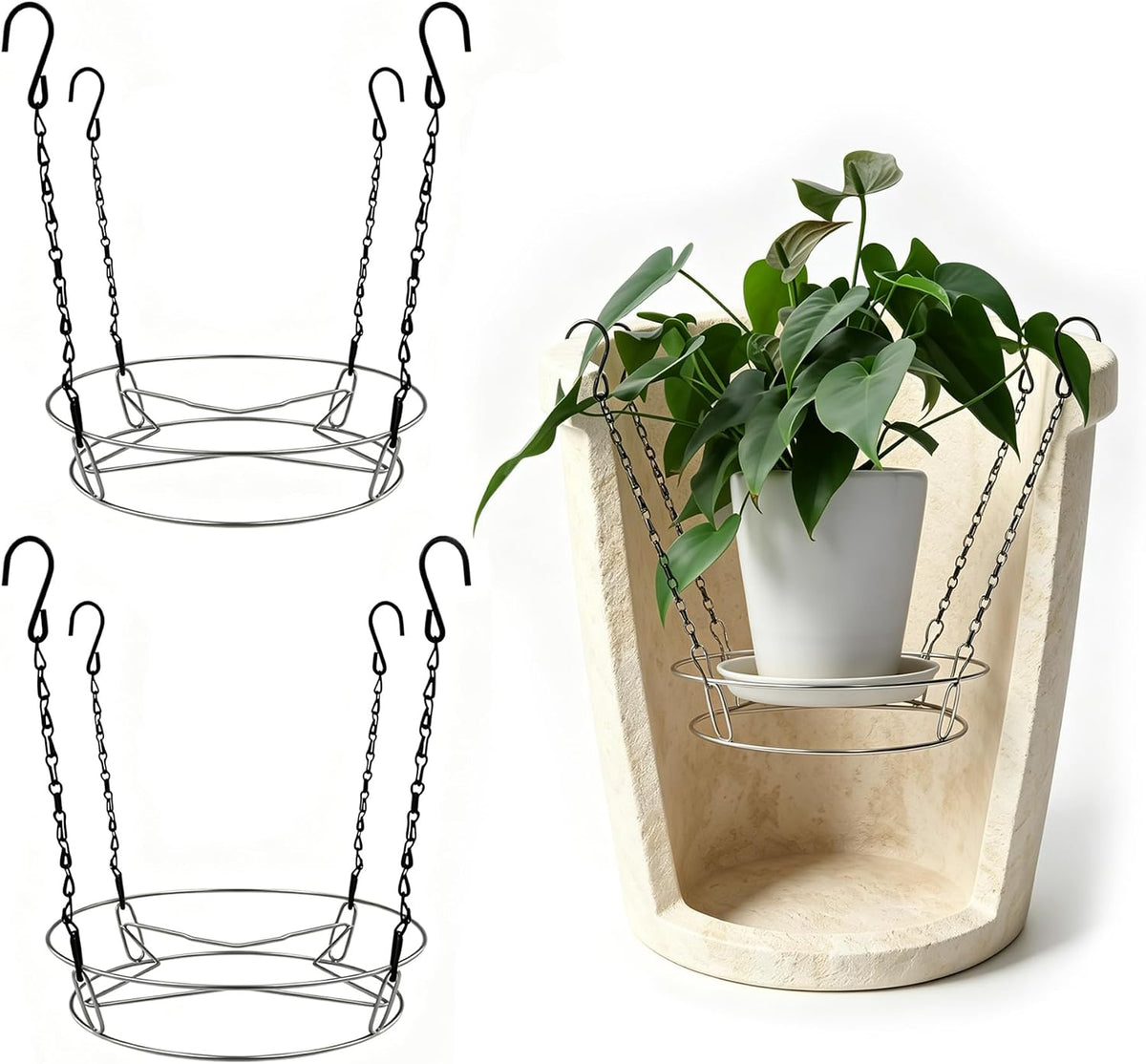 2 Pack Adjustable Planter Insert for Large Pots, 10–18 Inch Stainless Steel Pot Riser with Chains and S-Hooks, Soil Saver Plant Stand for Tall Planters, Indoor Outdoor Decor